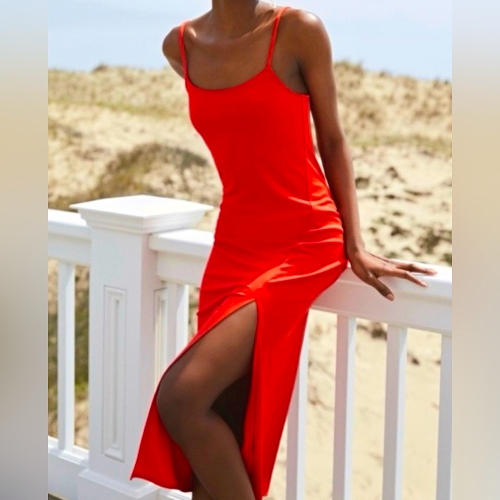 Something Navy | easy knit midi dress red poppy side slit